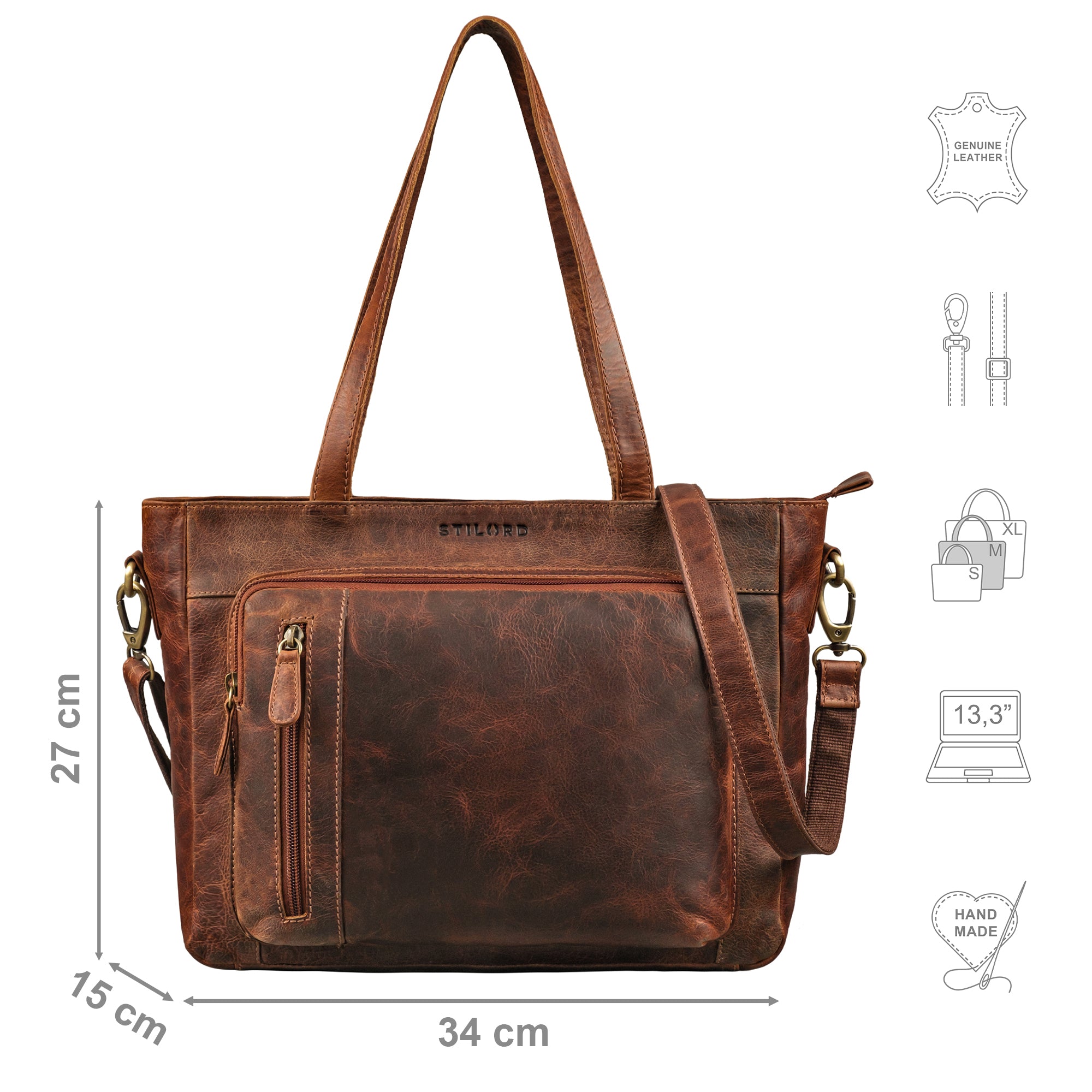 große Cognac Umhängetasche für Damen aus Leder
