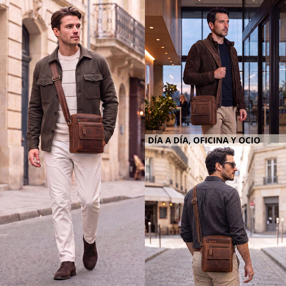 Bandolera plana de piel de vaca salerno marrón para tablet 8", llevada por hombre en calle urbana, vista frontal y trasera