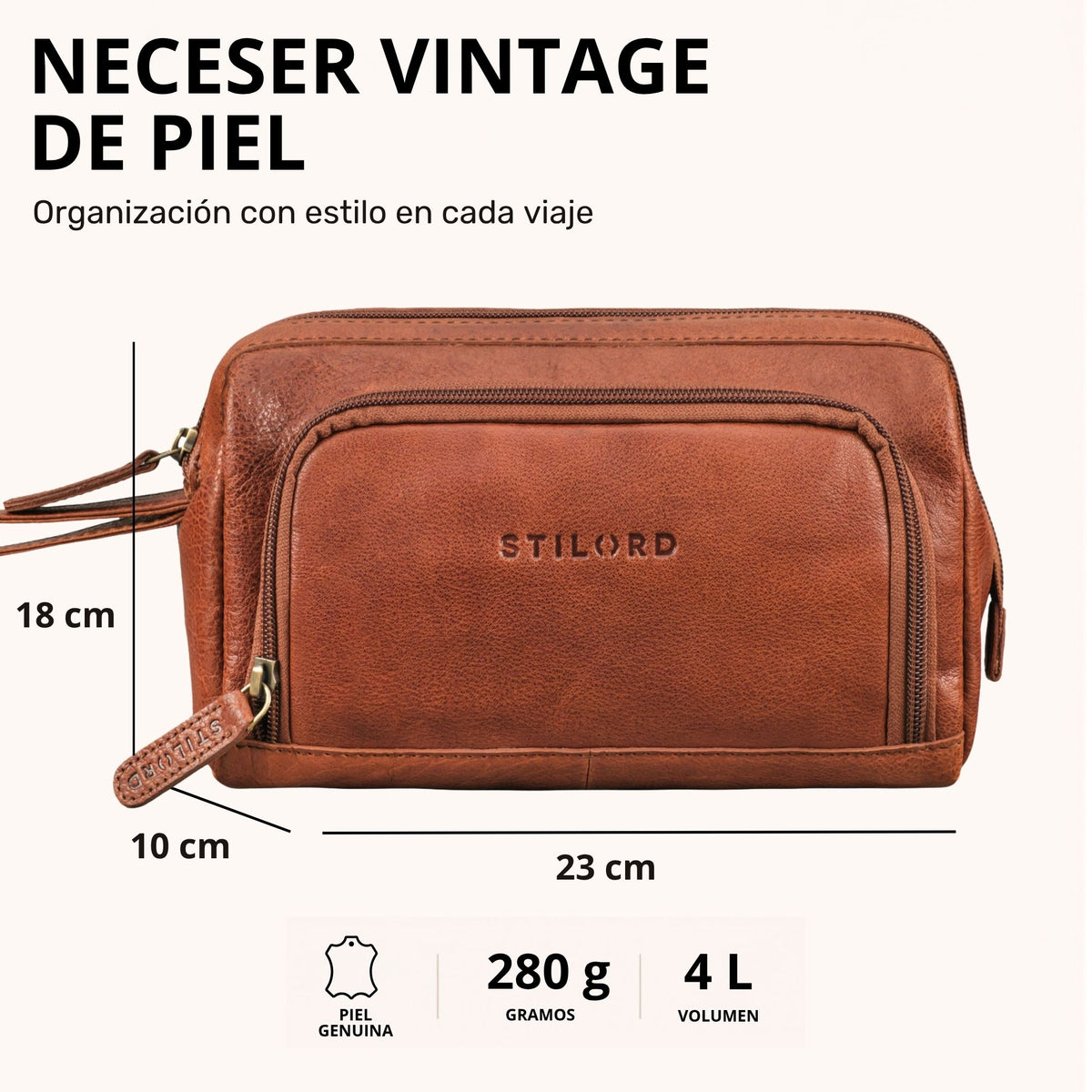 Neceser de piel color maraska, vista frontal con marca STILORD visible y medidas 23×18×10 cm