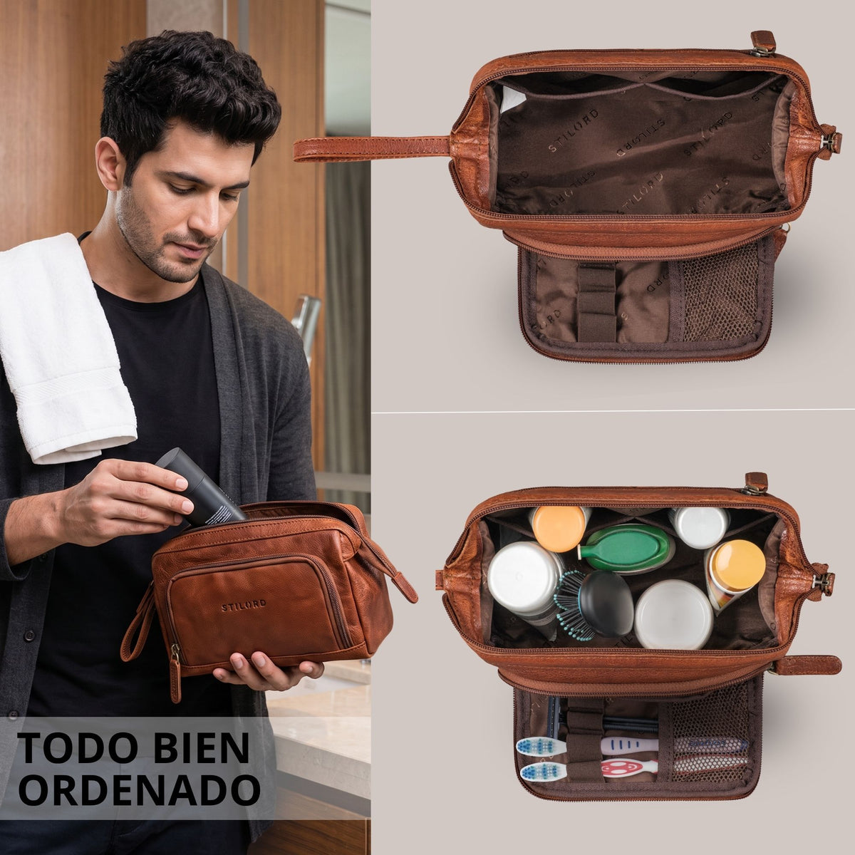 Neceser de piel marrón maraska, abierto con compartimentos interiores y bolsillo de malla, asa de mano, marca STILORD visible