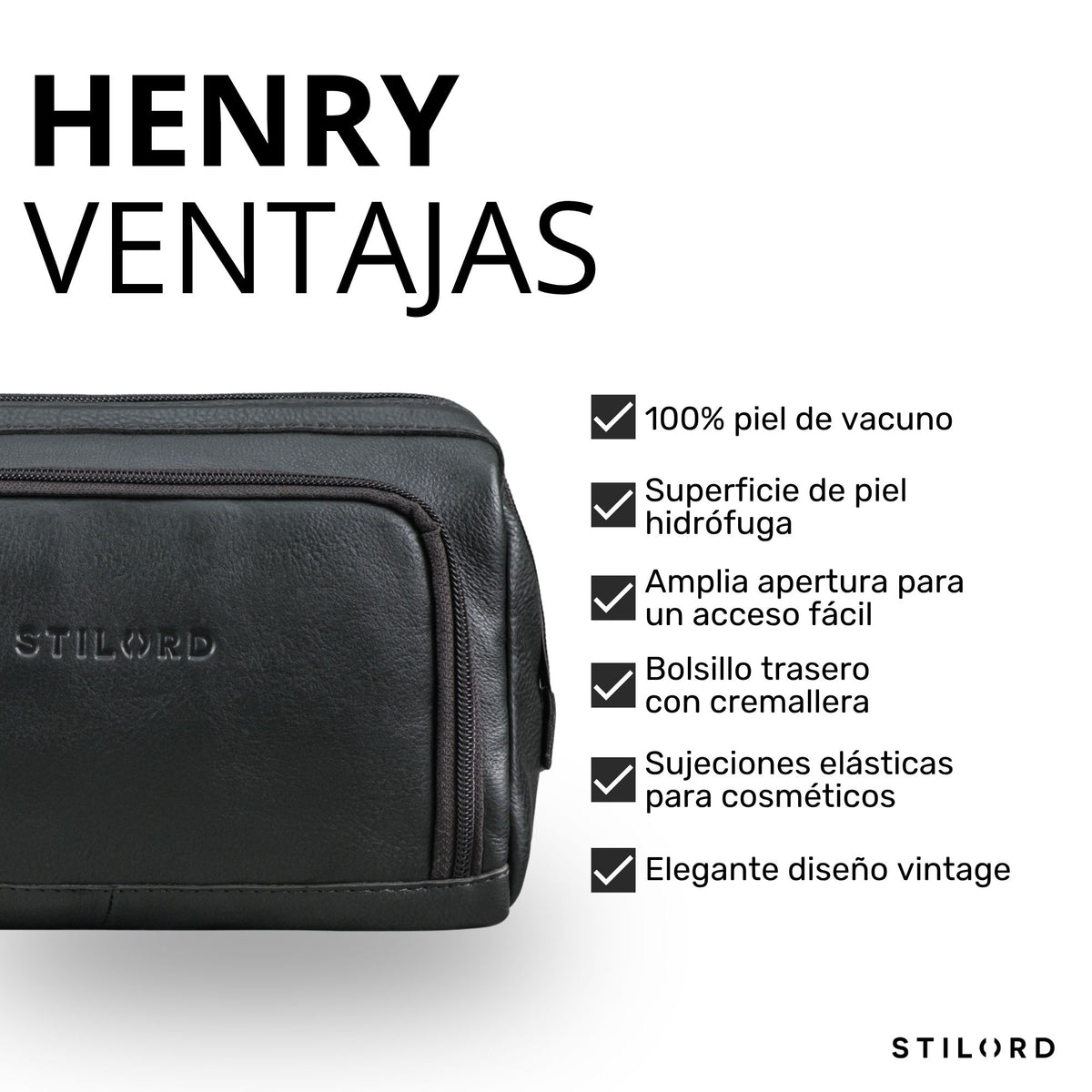 Neceser de piel vacuno negro, detalle frontal con logo STILORD en relieve y cremallera visible