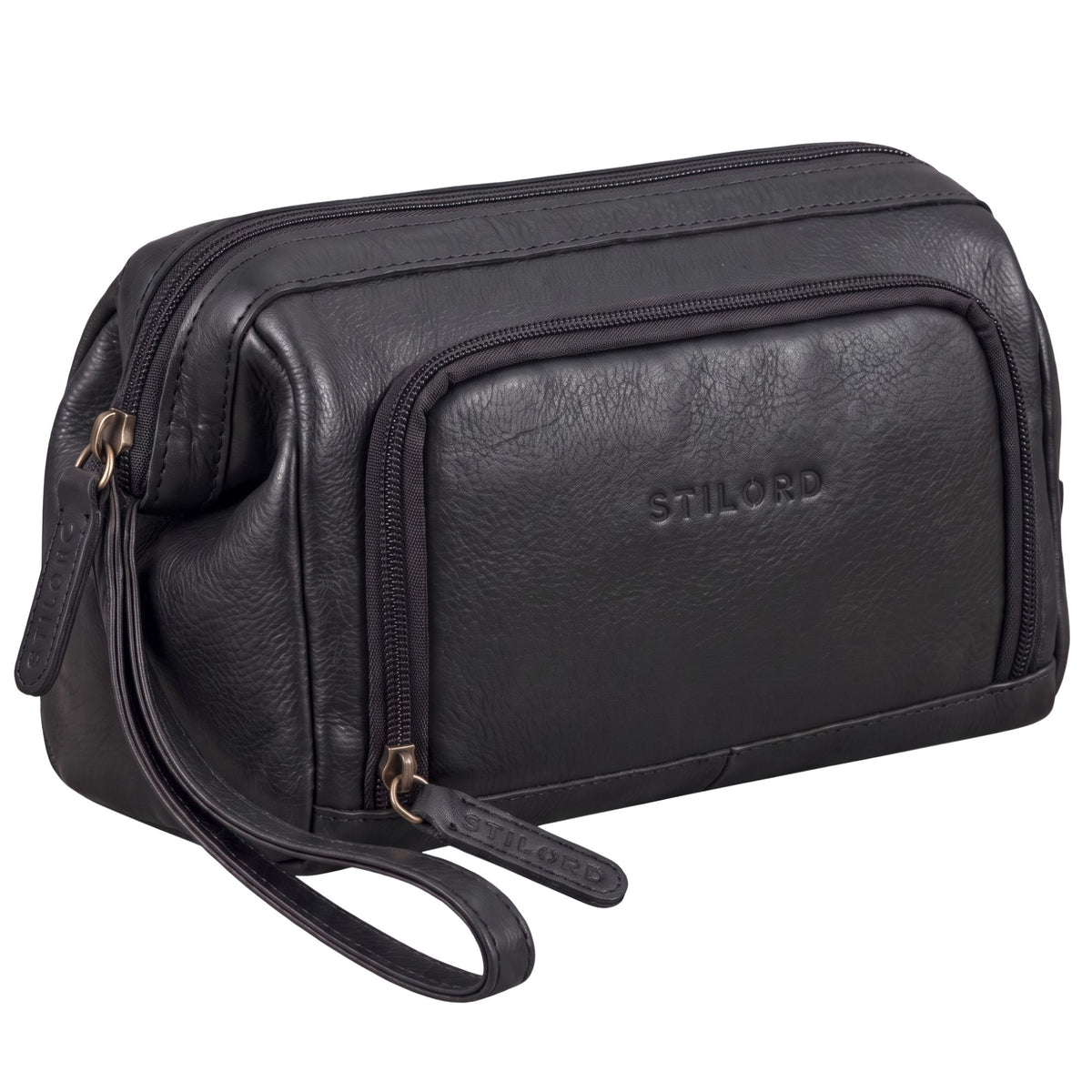 Neceser de cuero negro unisex, vista frontal detalle con logo STILORD en relieve, cremalleras y asa de muñeca visibles
