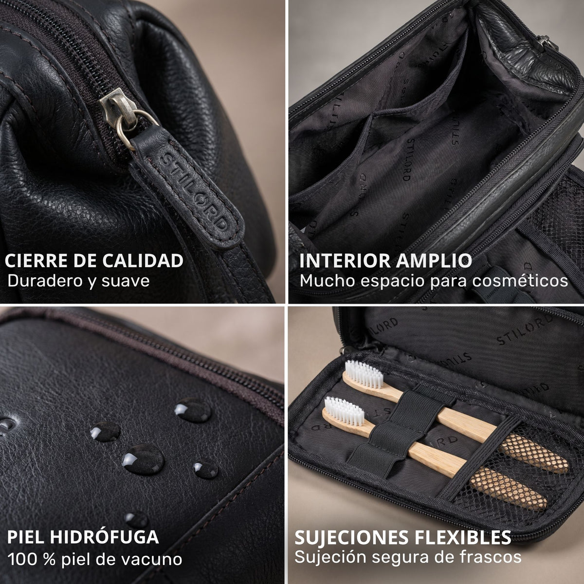 Neceser Henry de cuero negro; cuatro tomas: tirador STILORD grabado, interior amplio, piel hidrófuga, sujecciones elásticas