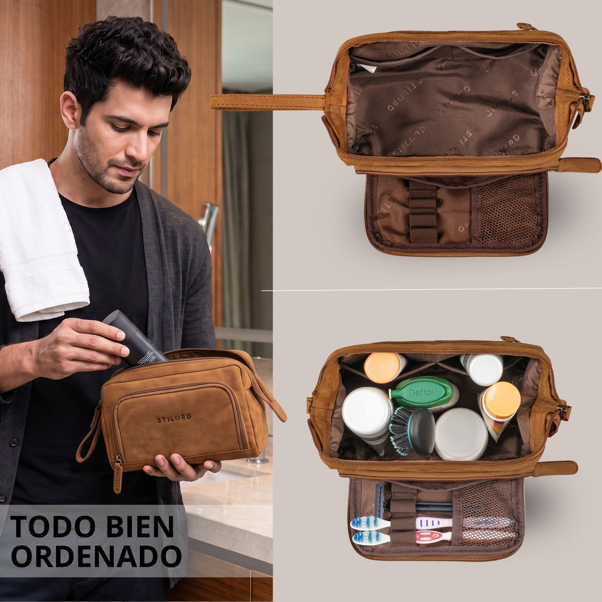 Hombre guarda productos en neceser Henry de cuero color tan/marrón oscuro, interior abierto con compartimentos organizadores, bolsillo de malla y asa de mano; logo STILORD visible.