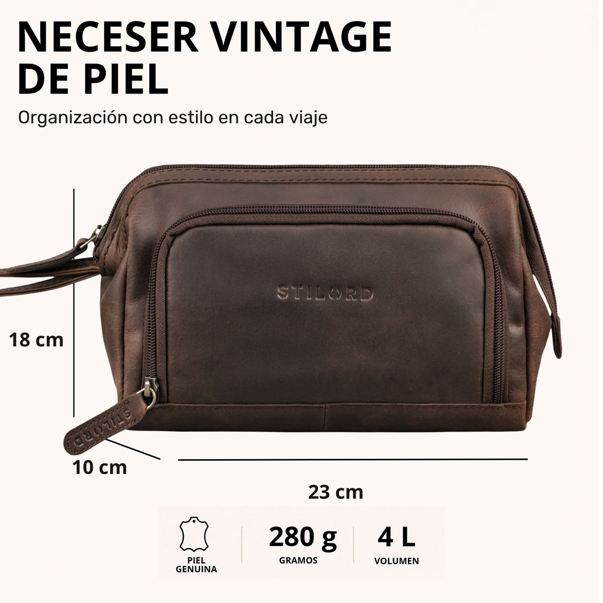 Neceser de piel zamora marrón, vista frontal-lateral con logo STILORD grabado y marcas de medida