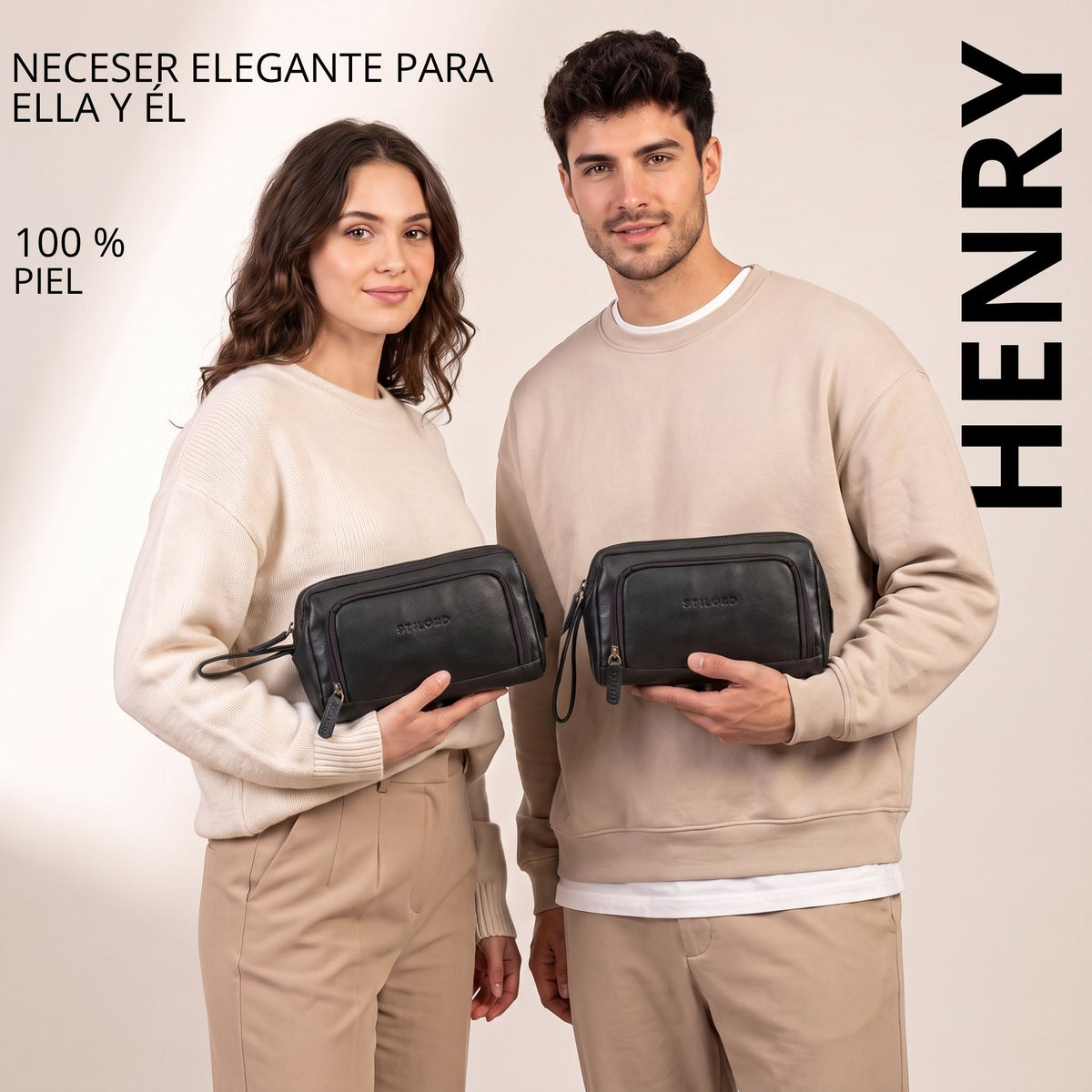 Neceser de cuero negro con asa y logo STILORD en relieve, vista frontal sostenido por hombre y mujer