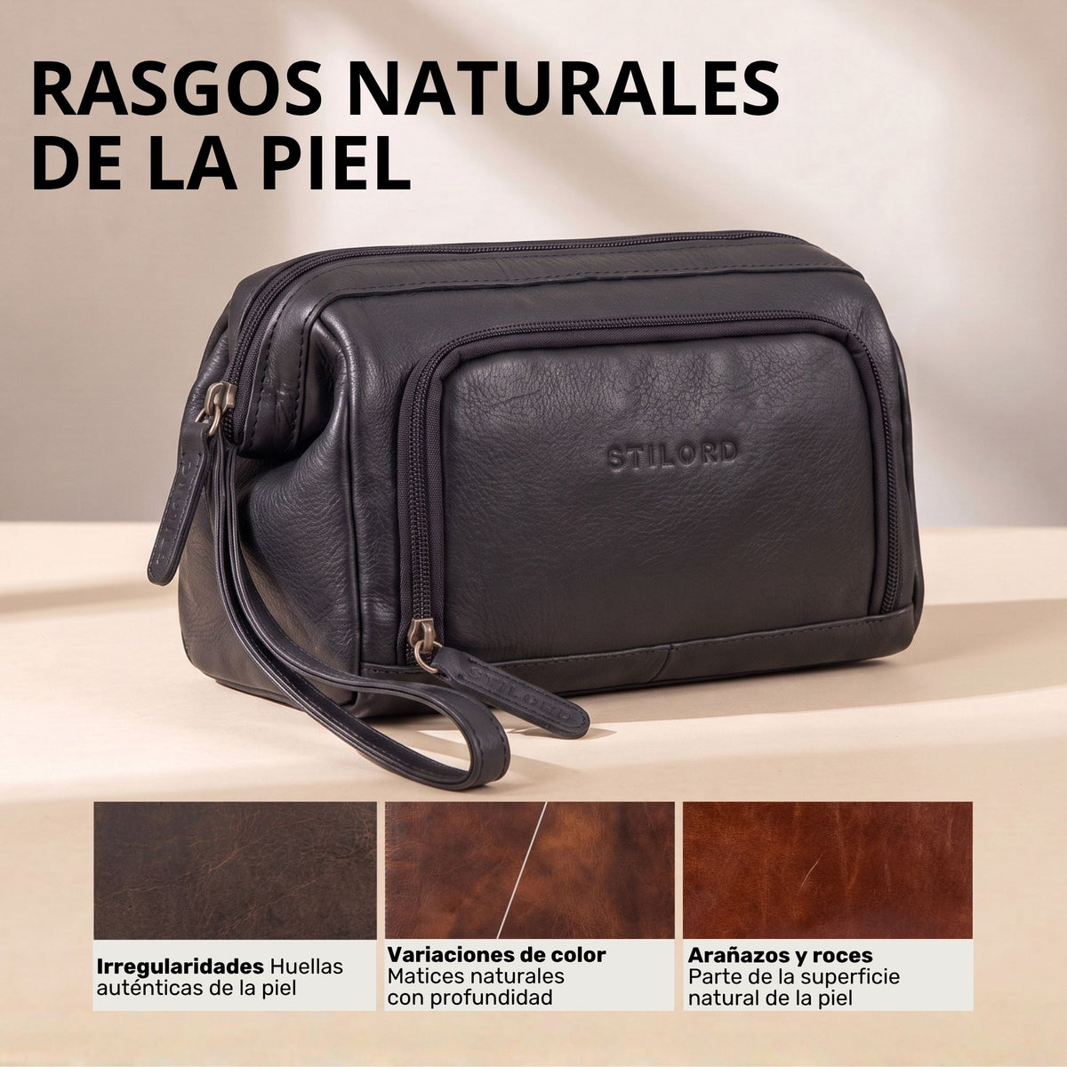 Neceser de piel negro con cremallera, asa de muñeca y la marca STILORD en relieve, perspectiva lateral