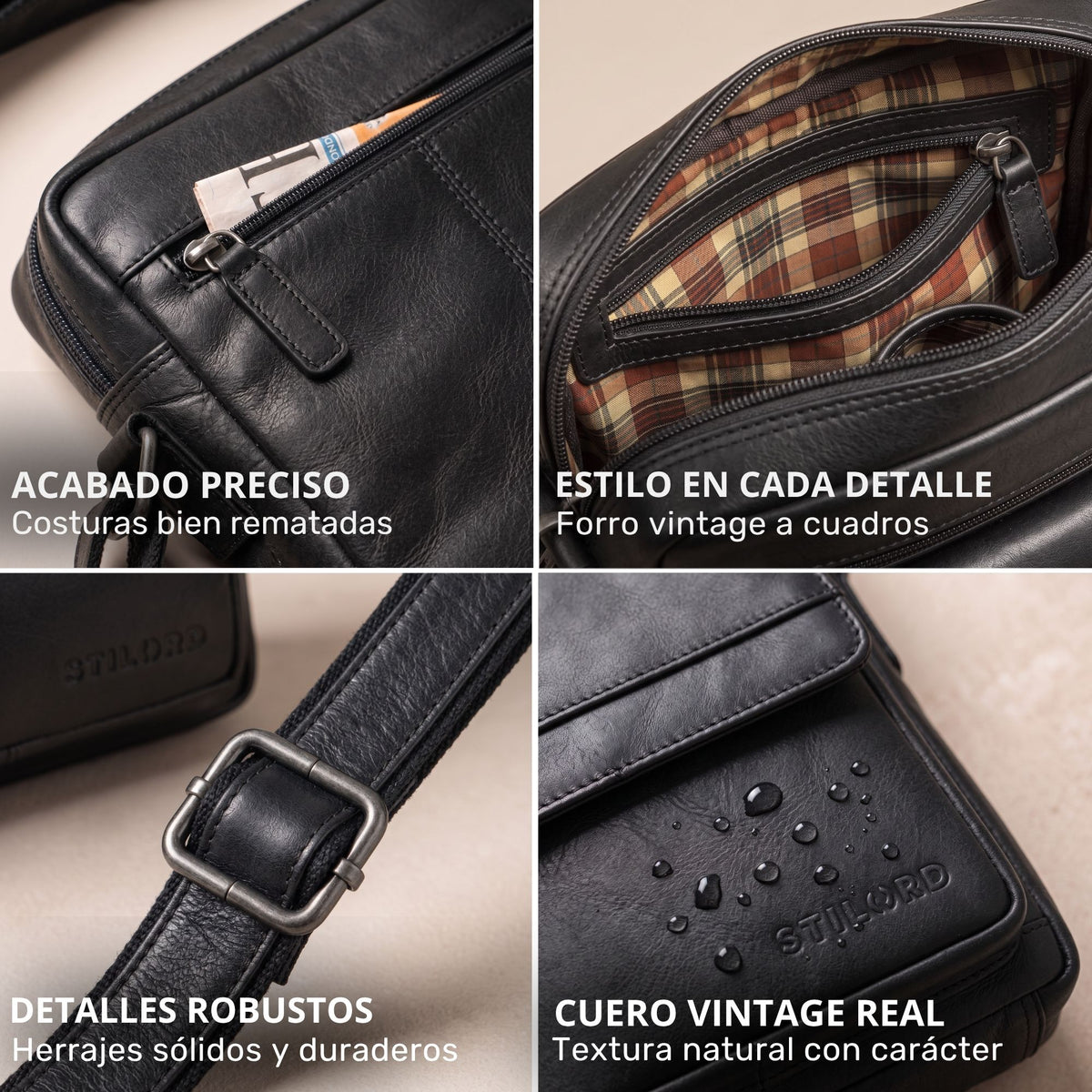 Bandolera plana de cuero negro, primeros planos: costuras, forro a cuadros, hebilla metálica, cremallera interior y marca STILORD visible