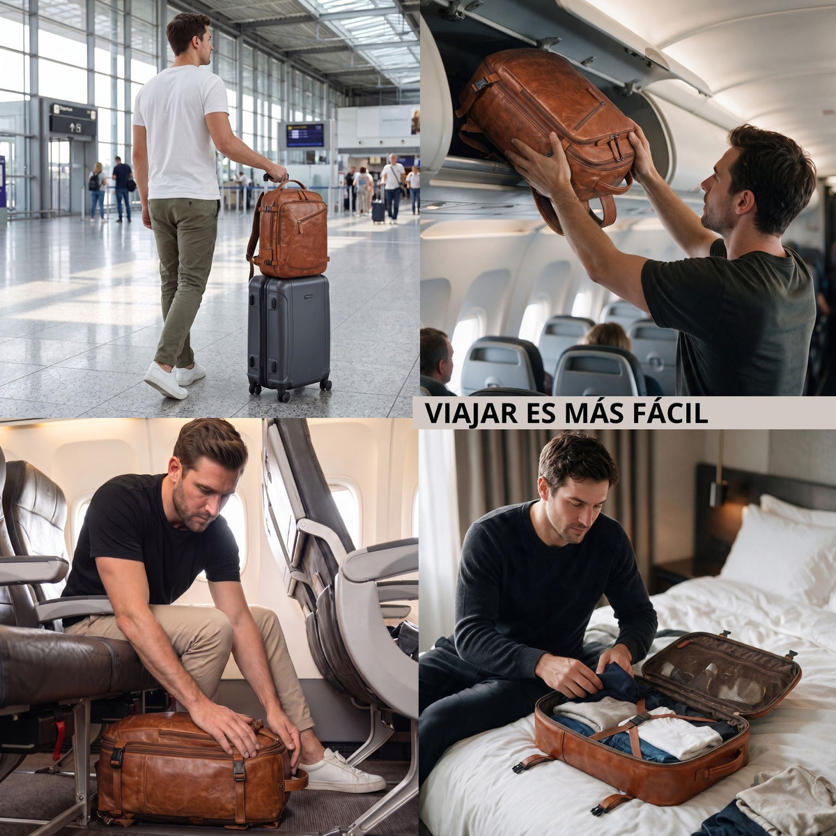 Cognacfarbener Lederrucksack als Kabinenhandgepäck, Szenen: Flughafen, Gepäckfach, Flugzeug und Hotel
