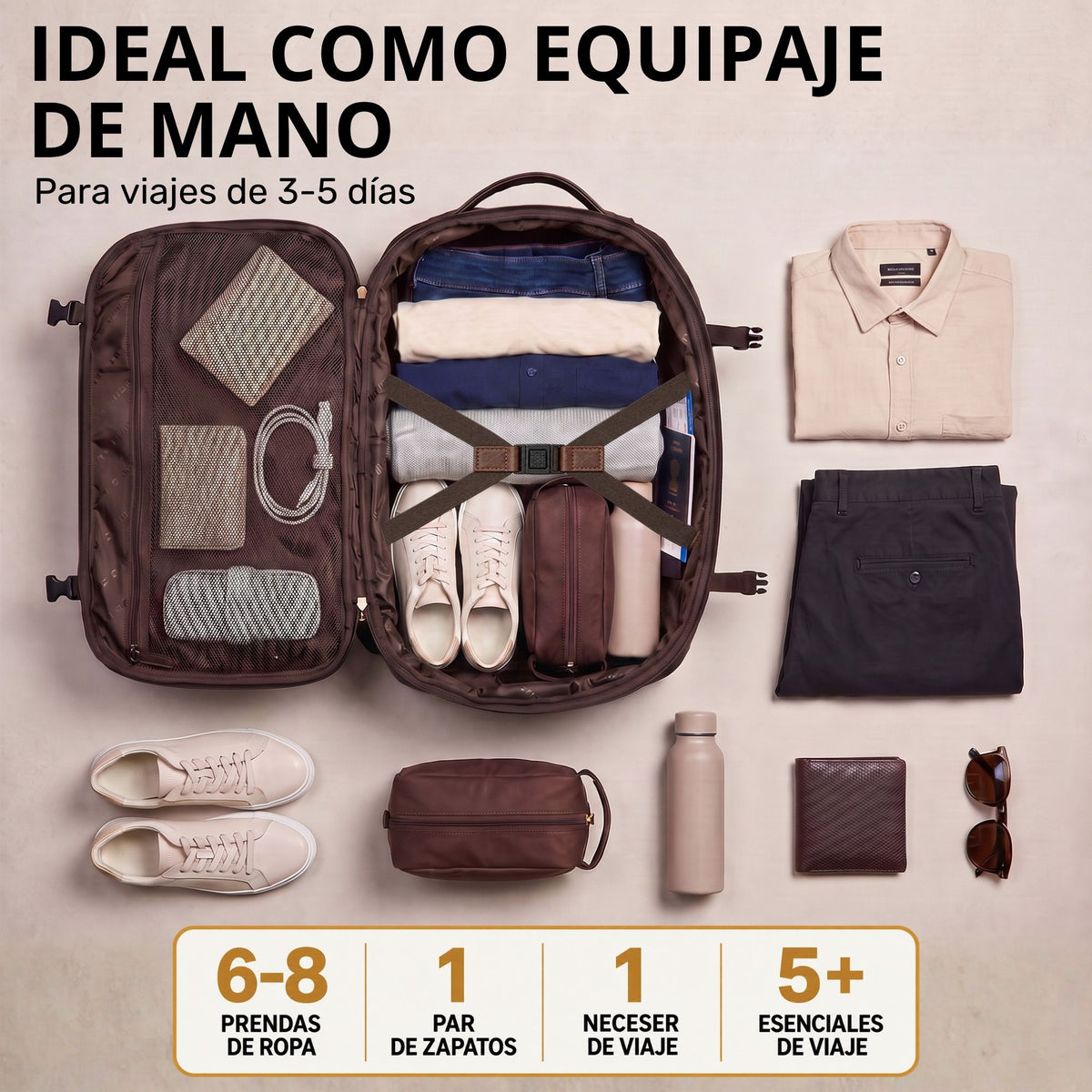 Offener brauner Leder-Reiserucksack, Draufsicht mit gepackter Innenansicht, Schuhe und Accessoires daneben