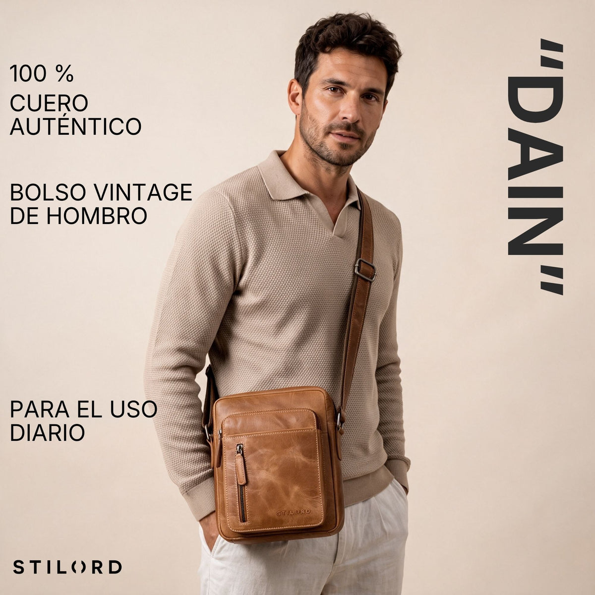 Herren-Schultertasche aus braunem Vintage-Leder (perugia-braun), frontal am Modell getragen, neutraler Hintergrund