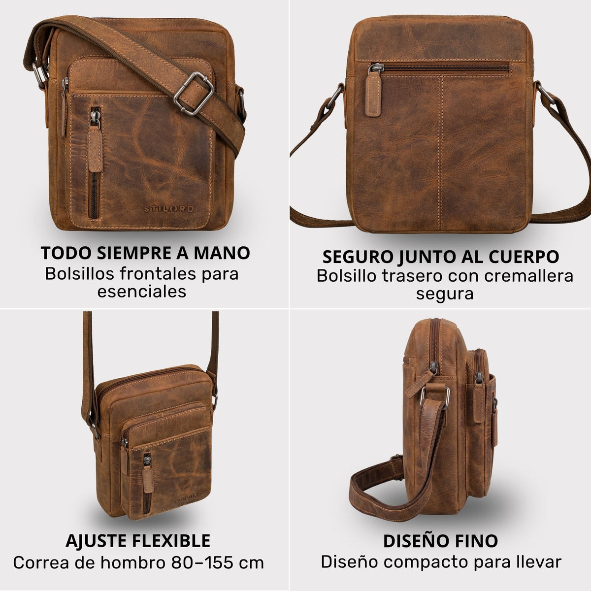 Kleine braune Schultertasche aus Vintage-Leder, quadratisch, Front- und Reißverschlusstasche, verstellbarer Schultergurt