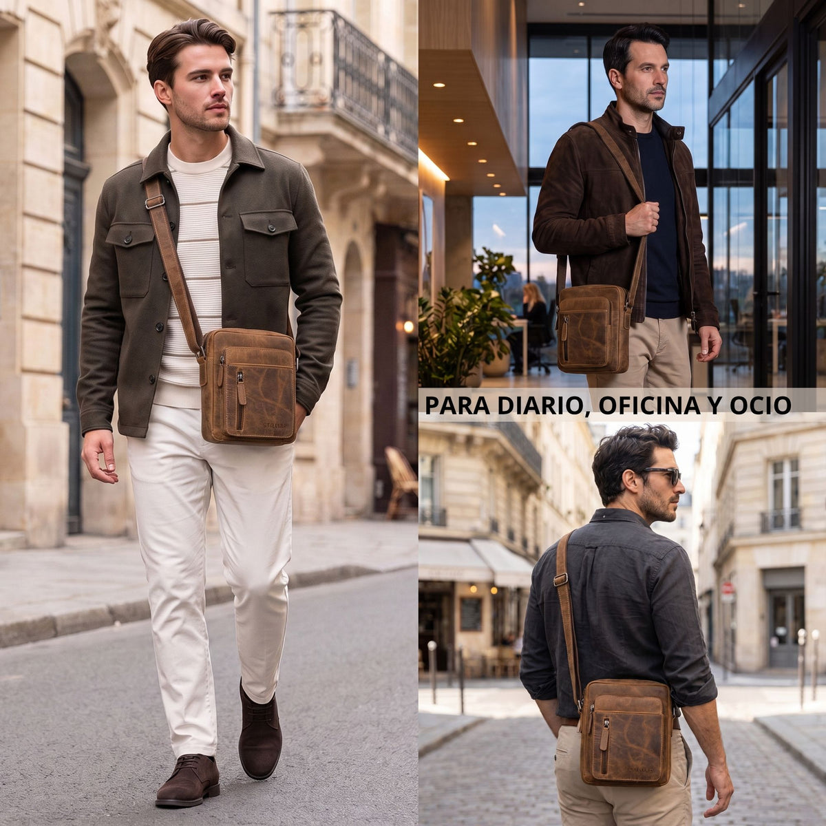 Kleine braune Leder-Umhängetasche bergamo, quer getragen; Collage mit Straßen- und Innenansicht