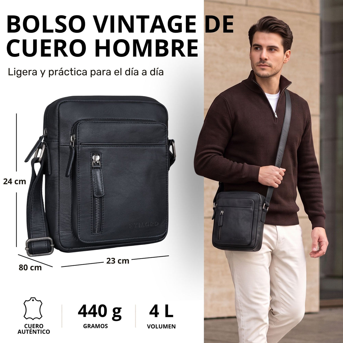 Kleine schwarze Lederschultertasche, Vorderansicht mit Maßangaben links und Mann trägt sie quer am Körper