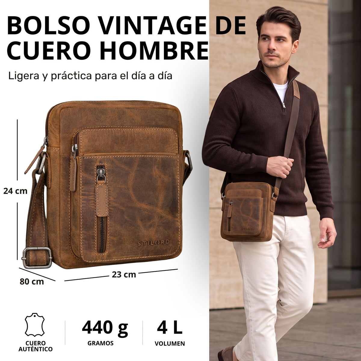 Herren-Schultertasche aus Vintage-Rindsleder in braun, Vorderansicht mit Maßangaben und Modell trägt die Tasche