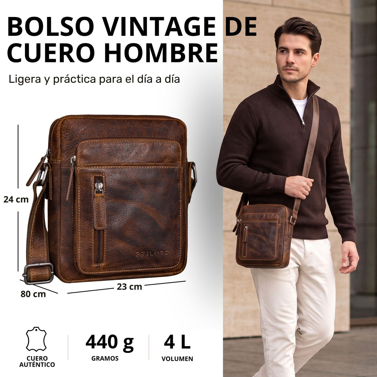 kleine Herren-Schultertasche aus braunem Leder, Frontansicht mit Maßangaben links und Modell rechts, quer getragen
