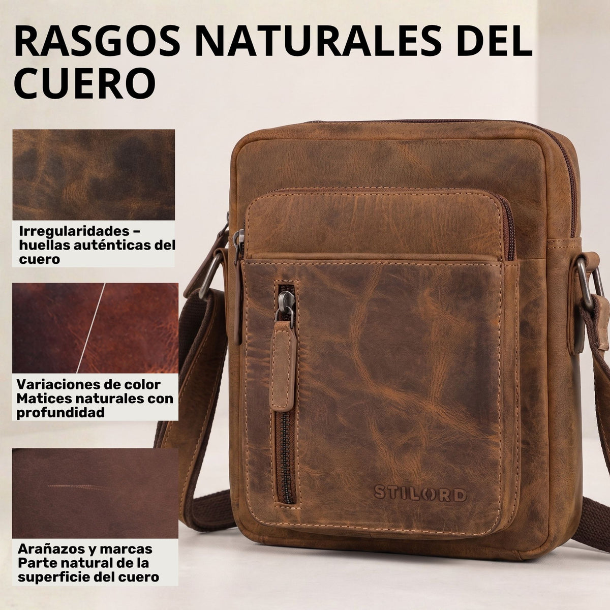 Kleine Dain Schultertasche aus bergamo-braunem Vollleder, Fronttasche mit Reißverschluss, sichtbare Lederstruktur und STILORD-Prägung