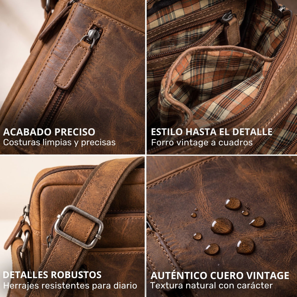Nahaufnahmen einer braunen Herrenschultertasche aus Vintage-Leder: Reißverschluss, kariertes Innenfutter, Schnallenriemen, Wasserperlen