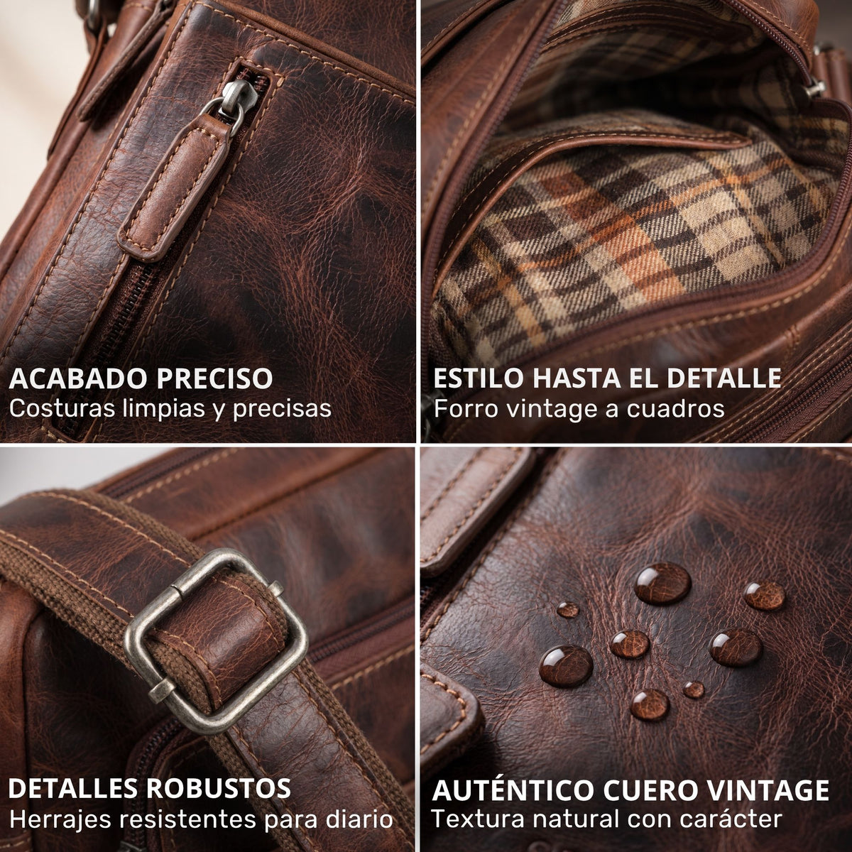 Kleine Herrenschultertasche aus braunem Vintage‑Leder; Nahaufnahmen von sauberen Nähten, karierter Innenfütterung, Schnalle und Wasserperlen.