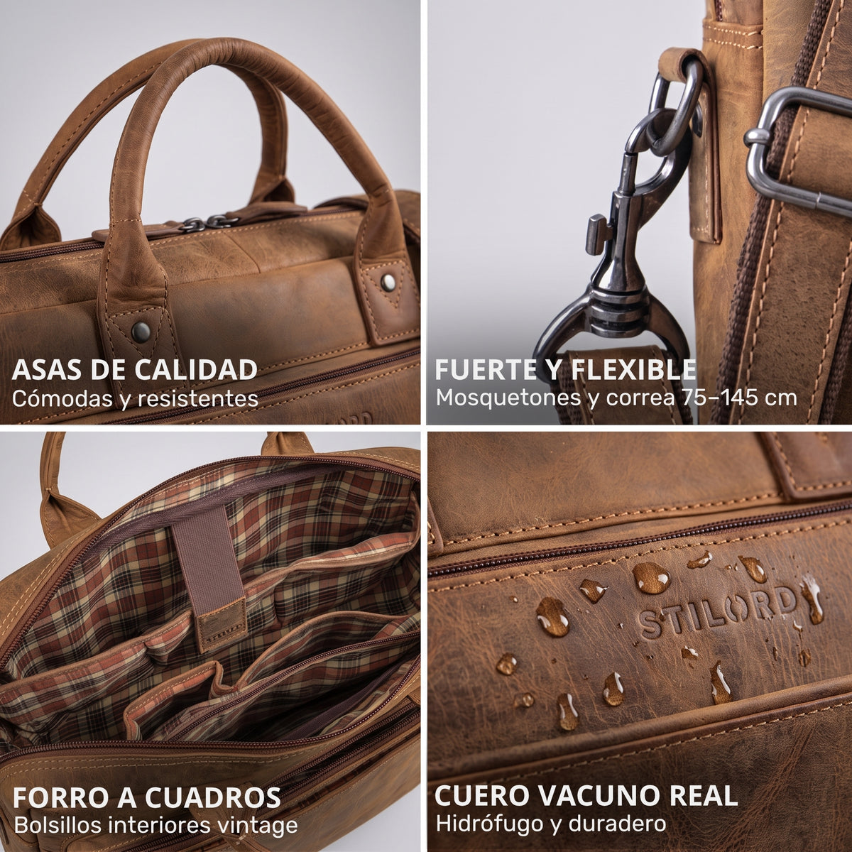 Ledertasche bergamo braun mit Griffen, abnehmbarem Schultergurt und Karabinern, kariertes Innenfutter, wasserabweisende STILORD-Prägung