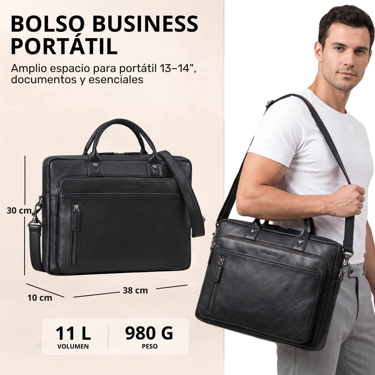 Schwarze Business-Ledertasche für 13–14 Zoll Laptop, STILORD-Prägung, Fronttasche mit Reißverschluss, getragen an der Schulter