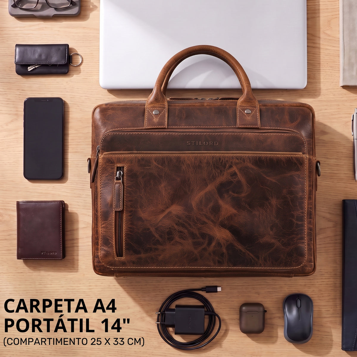 Braune Ledertasche mit Laptopfach 14 Zoll, A4-Fach, Draufsicht, STILORD-Prägung sichtbar, Zubehör angeordnet