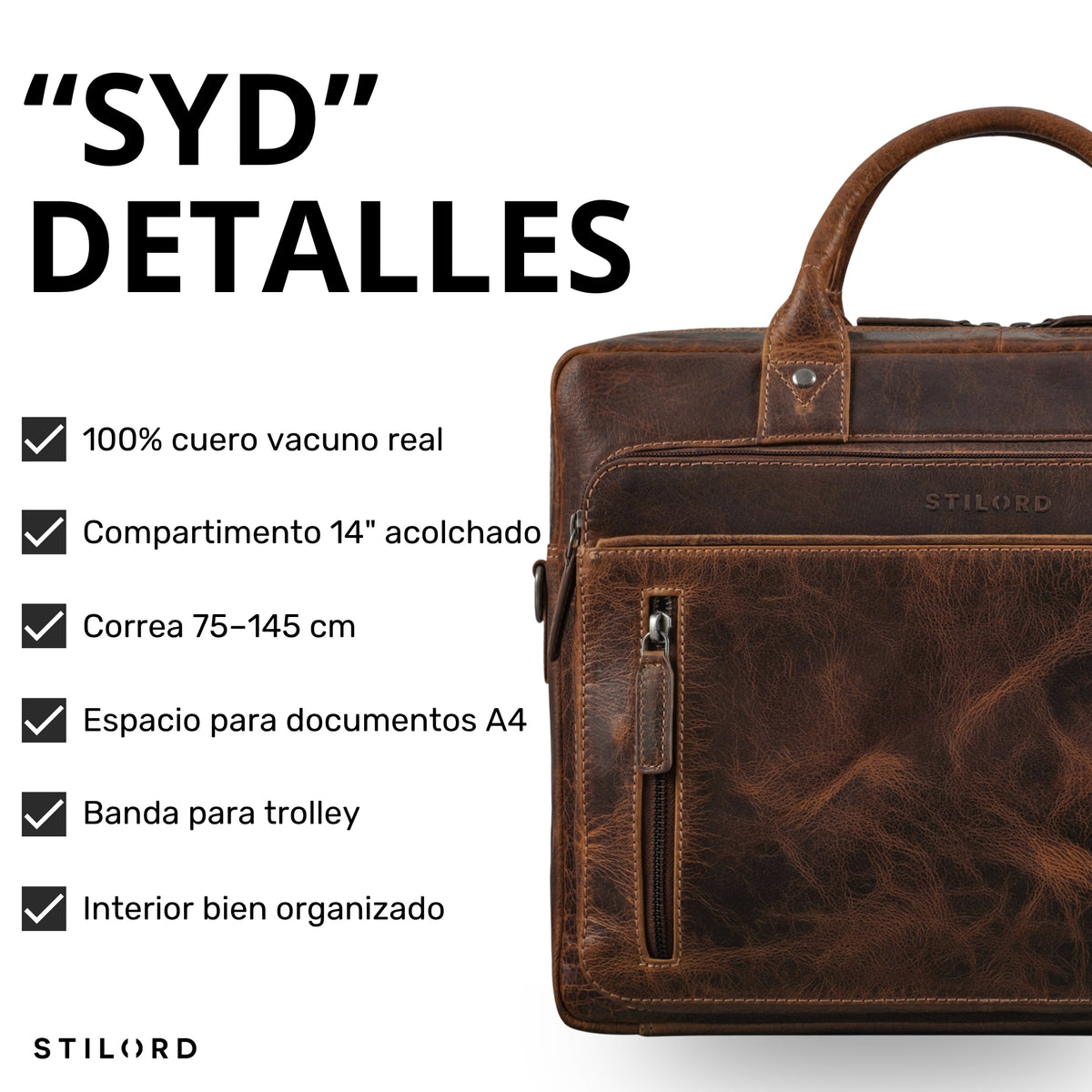 Braune Syd Business-Tasche aus echtem Leder, Detailansicht mit Griff, Frontreißverschluss und geprägtem STILORD-Logo