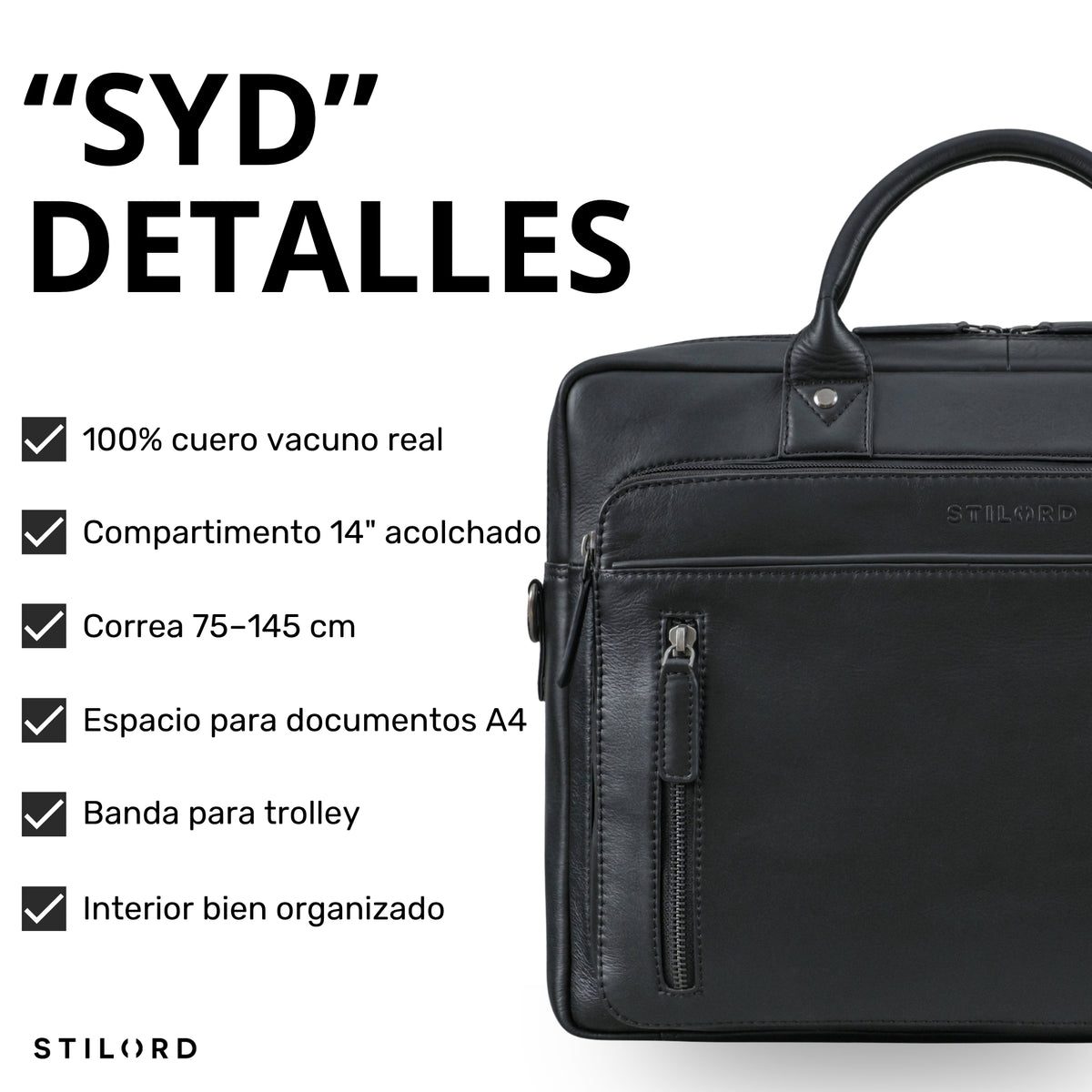 Schwarze Leder-Business-Tasche, Frontdetail mit Reißverschluss, Tragegriff und eingeprägtem STILORD-Logo