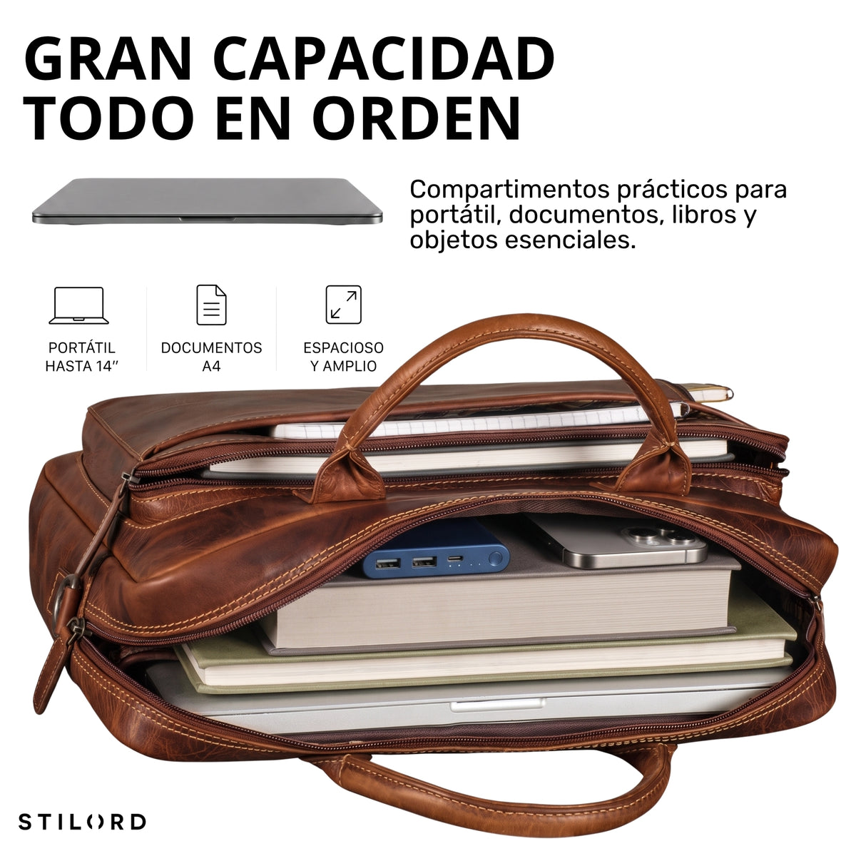 Offene braune Leder-Business-Tasche mit Laptopfach, Büchern, Powerbank und organisierten Innenfächern, Draufsicht