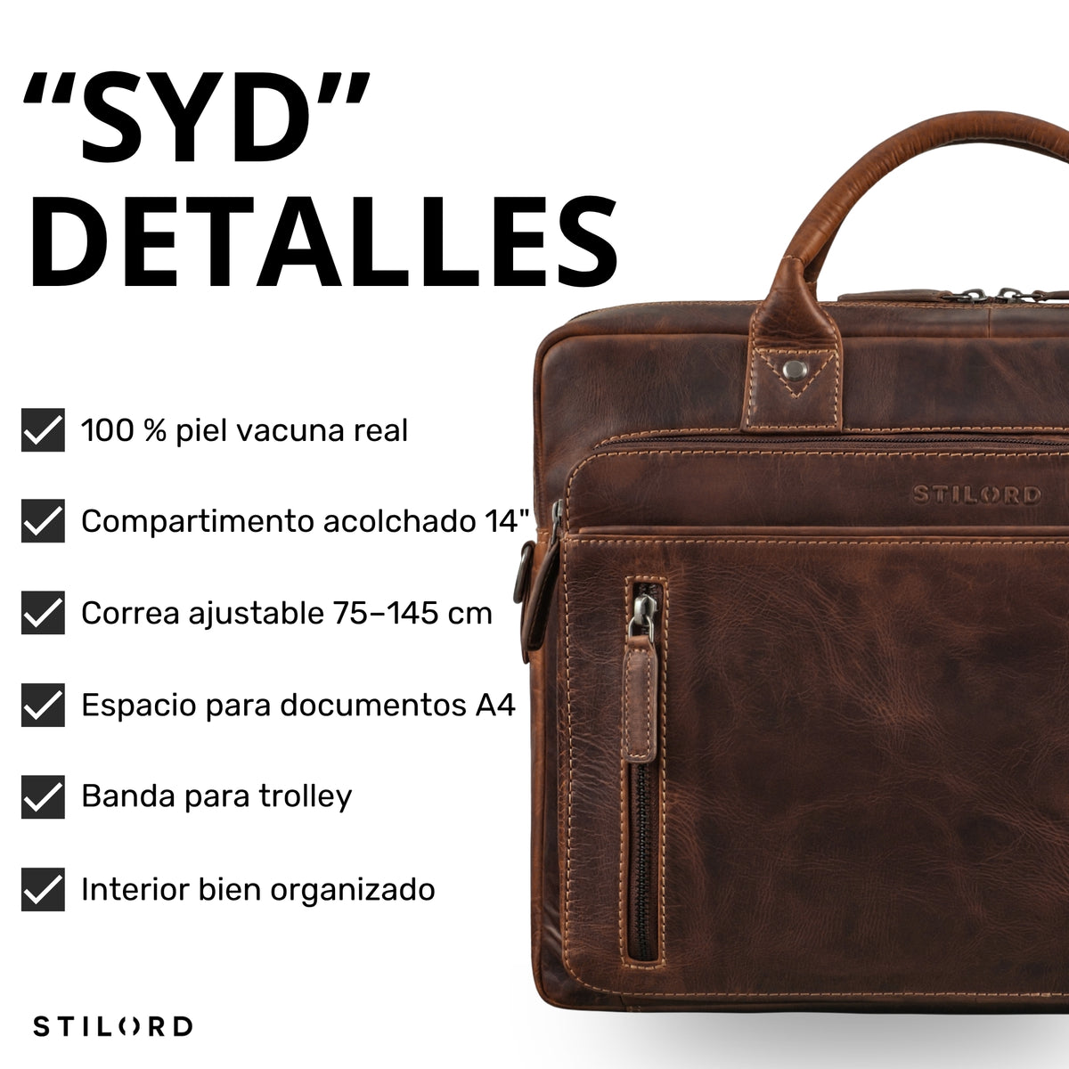 Braune Leder-Business-Tasche salerno, Frontdetail mit Reißverschlussfach und geprägtem STILORD-Logo