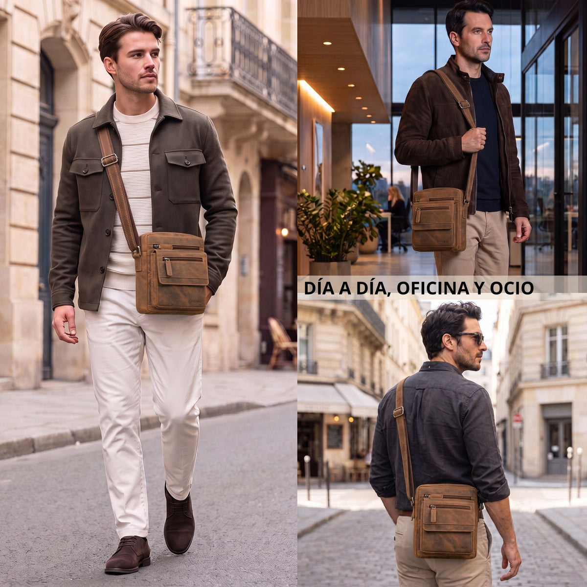Bandolera plana de cuero marrón, modelo hombre, vista frontal y trasera en entorno urbano, apta para tablet de 8 pulgadas