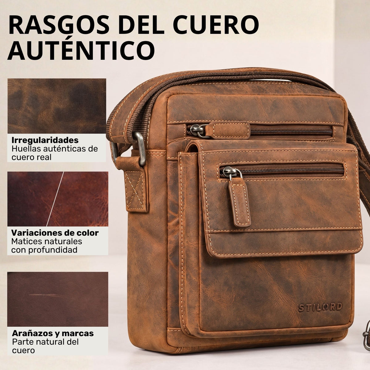 Bandolera plana hombre de cuero bergamo marrón para tablet 8'', vista frontal con bolsillos con cremallera y marca STILORD visible