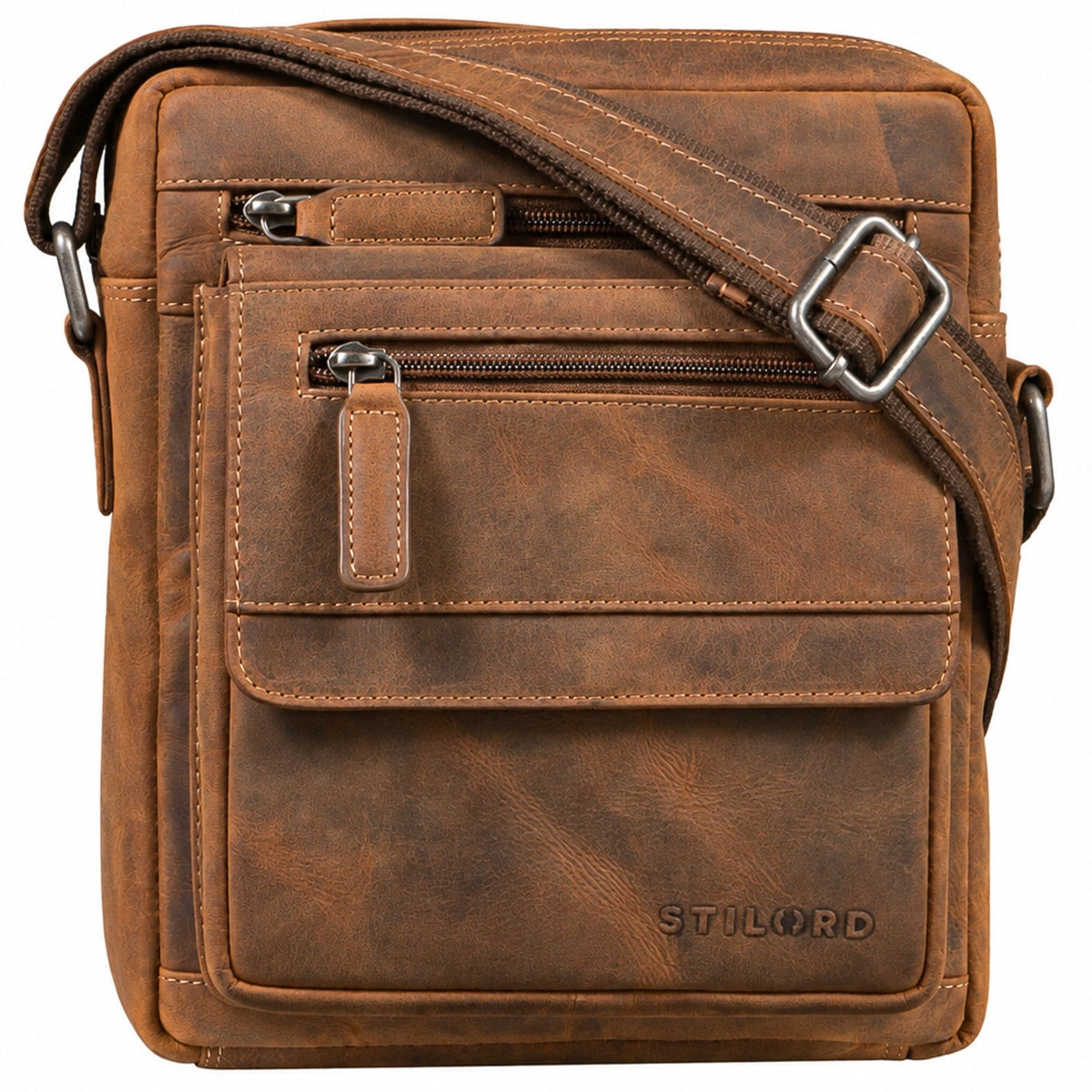 Bandolera plana de piel bergamo marrón para hombre, bolsillos frontales con cremallera, solapa, correa ajustable y logo STILORD