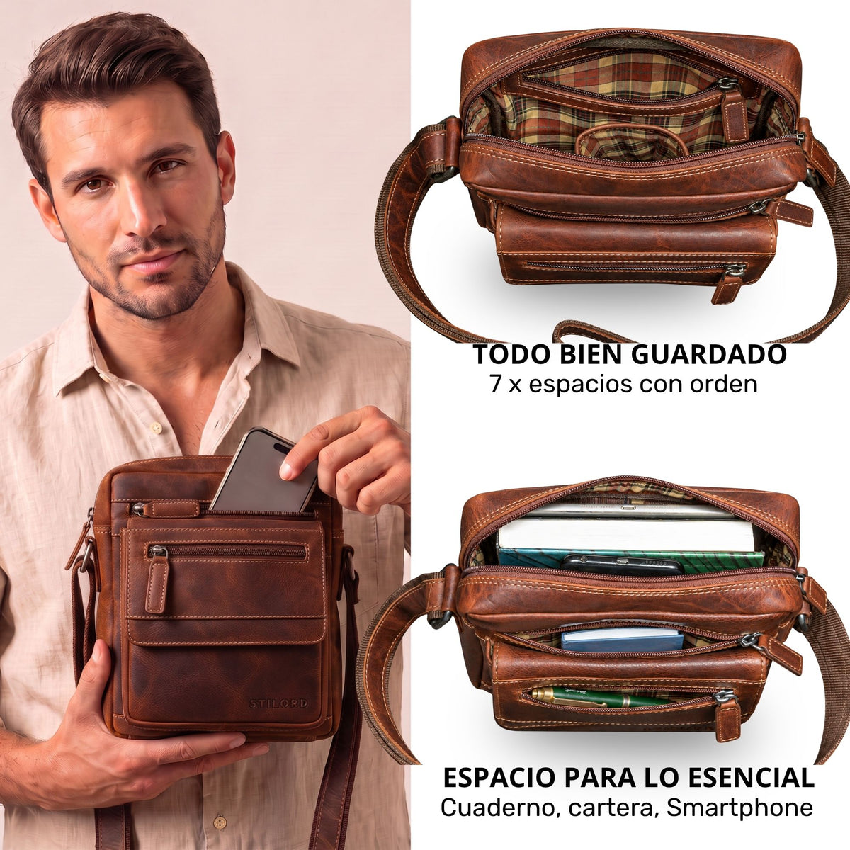 Bandolera plana de piel color salerno marrón, hombre la sostiene; vistas interiores abiertas con compartimentos, smartphone y cuaderno
