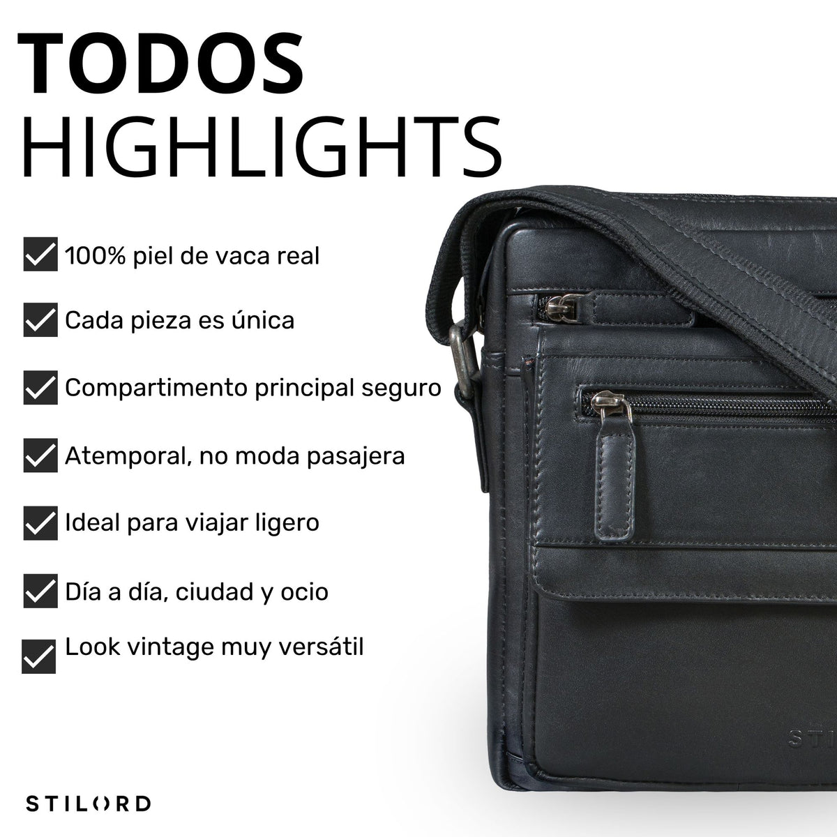 Bandolera pequeña de cuero negro, diseño plano para tablet de 8 pulgadas, bolsillos frontales con cremallera y correa ajustable