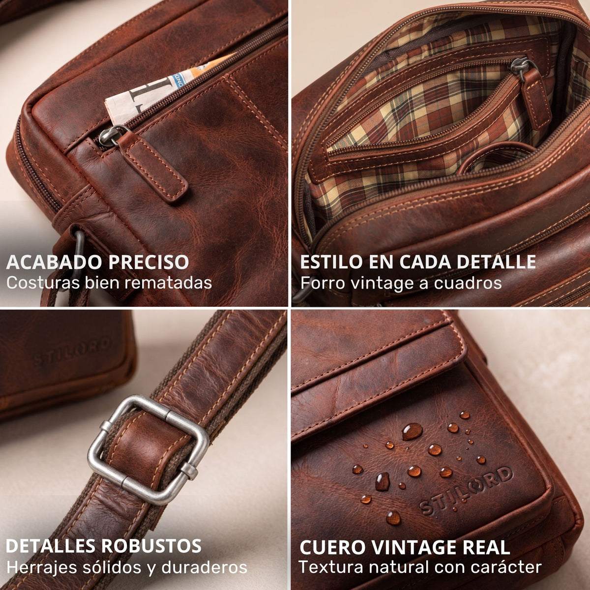 Bandolera plana de cuero Salerno marrón, detalles: cremallera, forro a cuadros, hebilla de correa, logo STILORD marcado