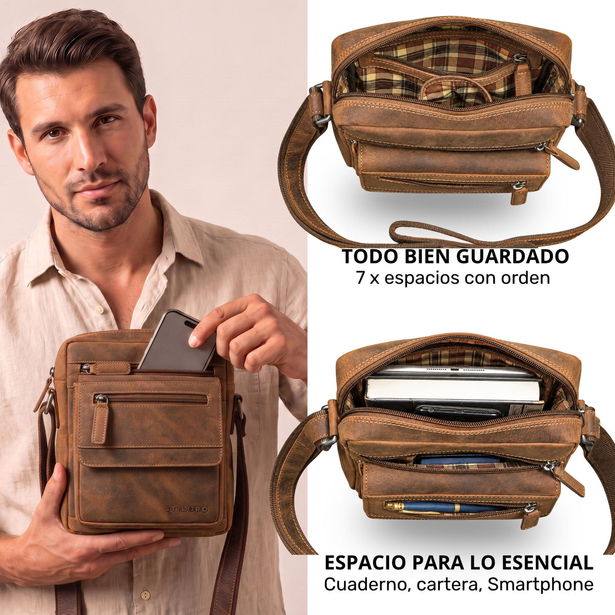 Bolso bandolera plano de cuero marrón sostenido por hombre; interior con forro a cuadros y compartimentos para tablet 8 pulgadas y smartphone