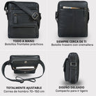Bolso bandolera plano de hombre en cuero negro, bolsillos frontales con cremallera, bolsillo trasero con cremallera, correa ajustable