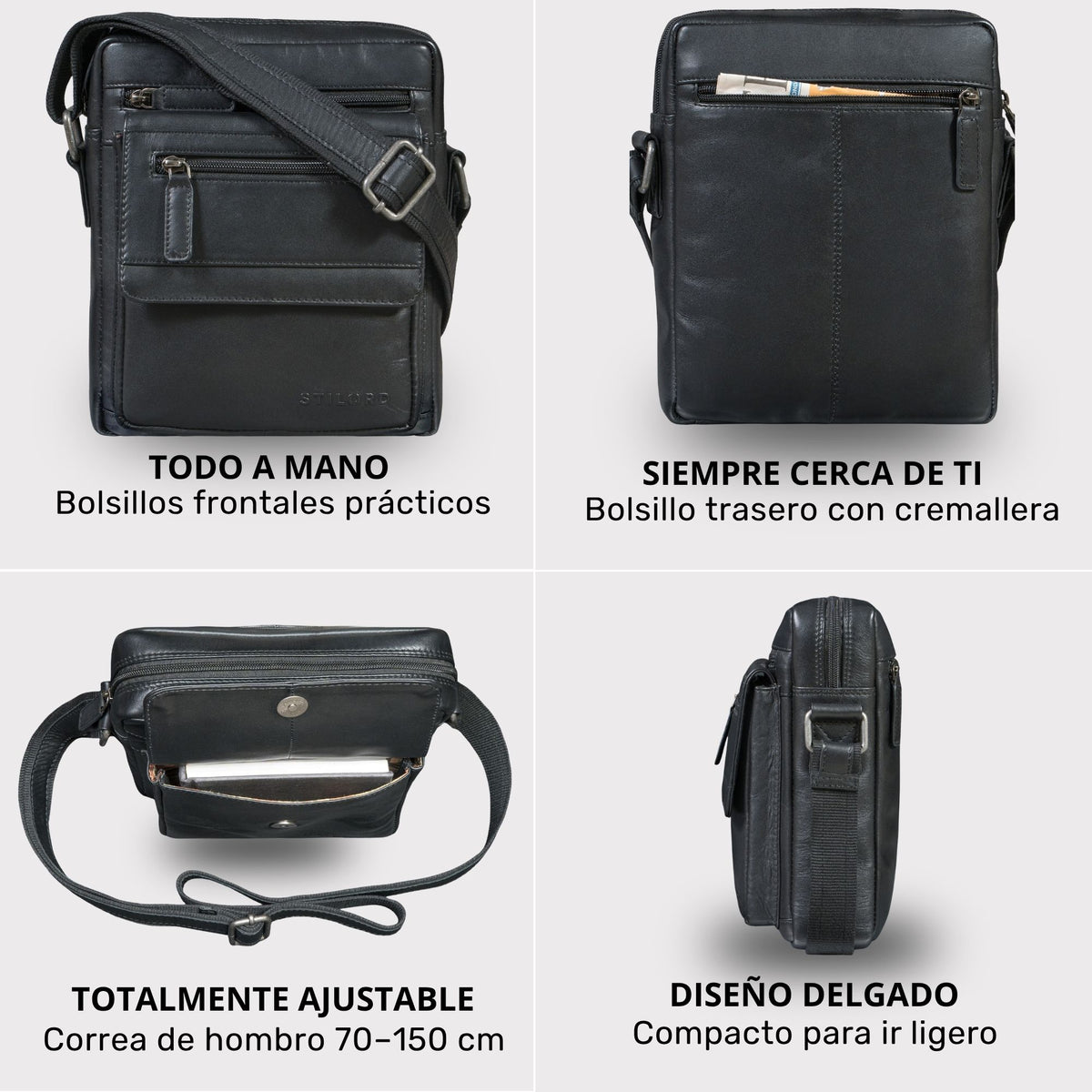 Bolso bandolera plano de hombre en cuero negro, bolsillos frontales con cremallera, bolsillo trasero con cremallera, correa ajustable