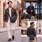 Bandolera para hombre en cuero de búfalo negro, diseño plano, vistas frontal y trasera en modelos, para tablet de 8 pulgadas