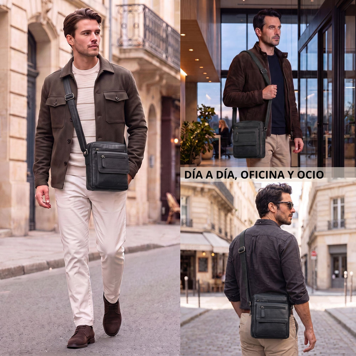Bandolera para hombre en cuero de búfalo negro, diseño plano, vistas frontal y trasera en modelos, para tablet de 8 pulgadas