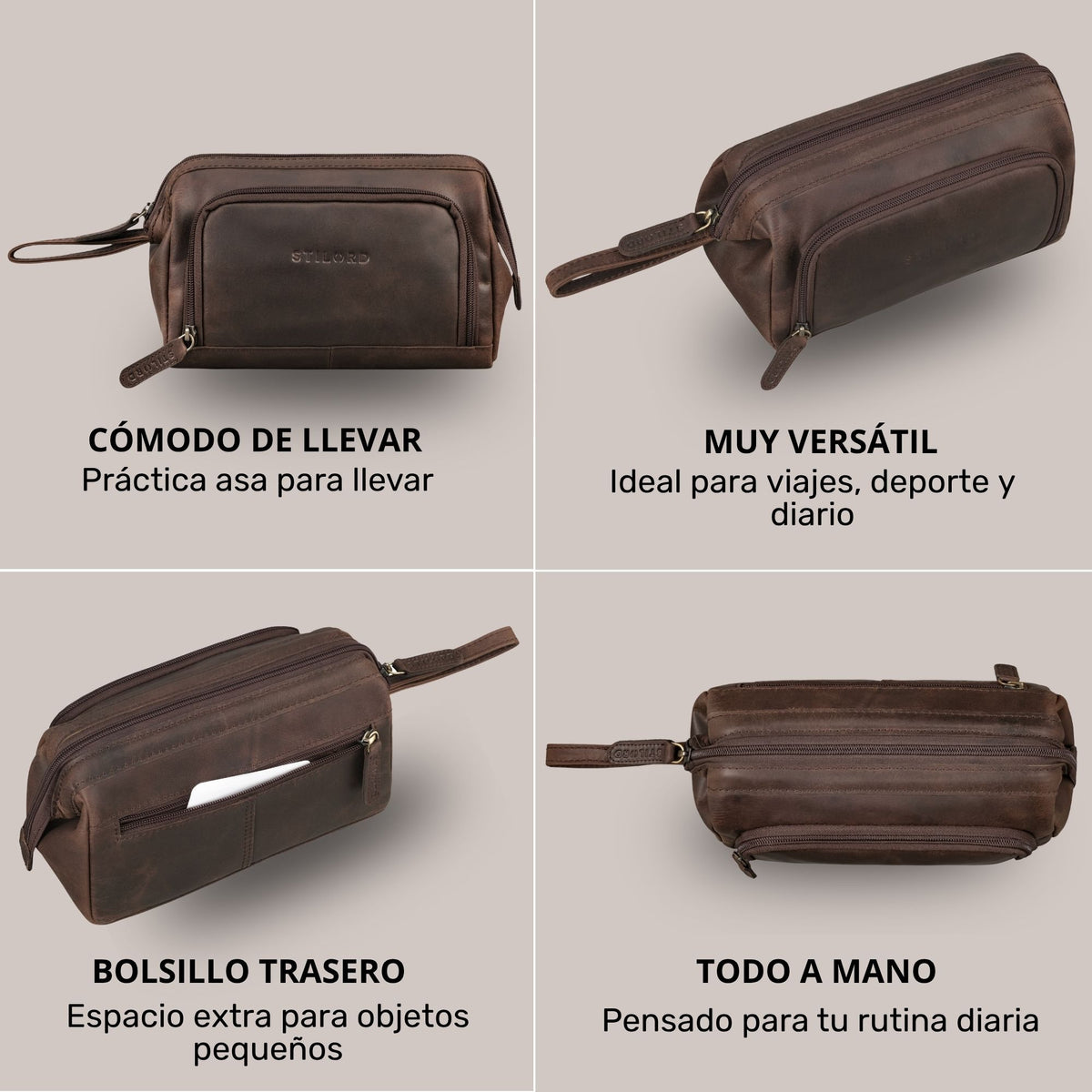 Neceser de piel marrón zamora visto desde varios ángulos, asa de mano, doble cremallera y logo STILORD en relieve