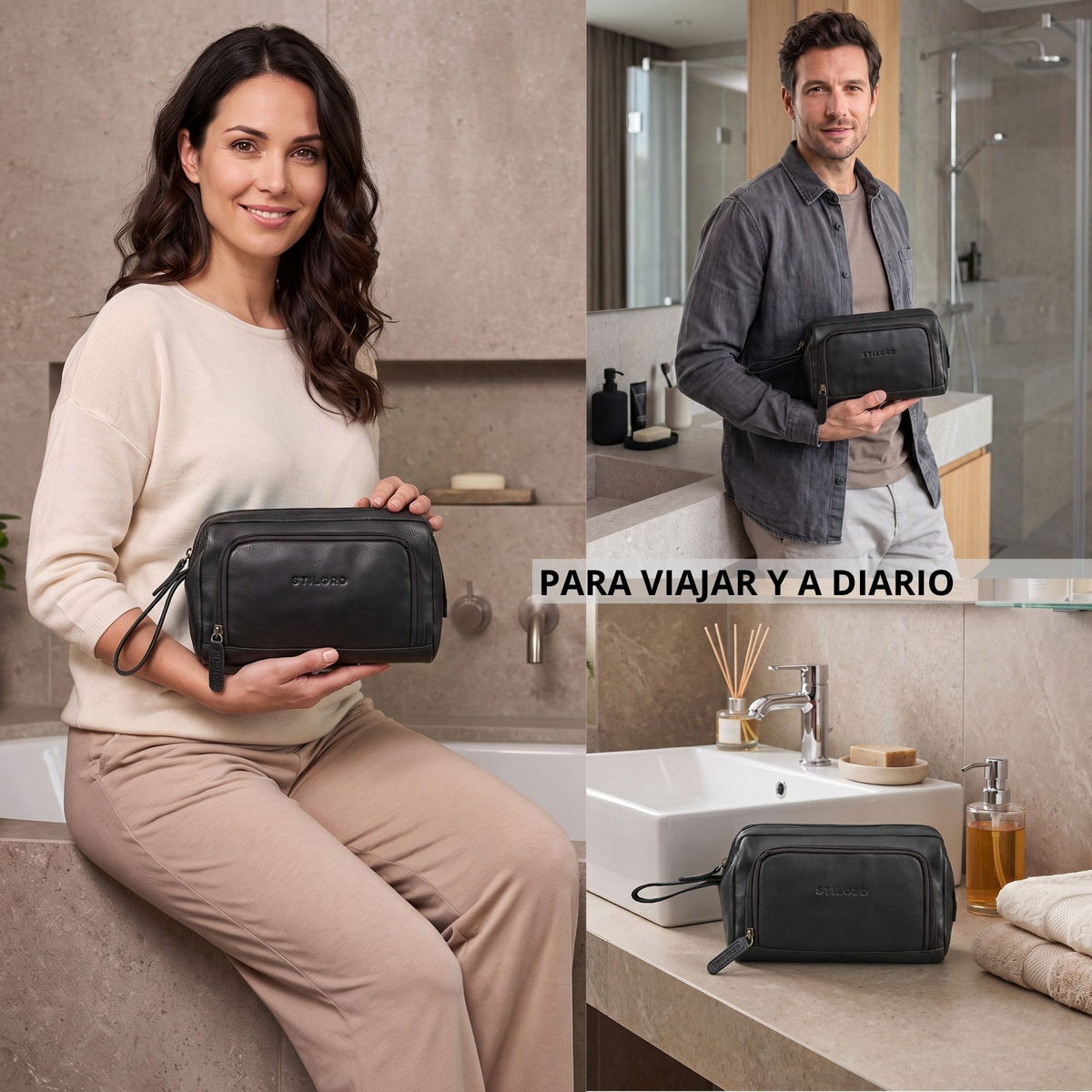 Neceser de cuero negro con grabado STILORD, asa de muñeca y bolsillo frontal, mostrado en un baño sostenido por dos modelos