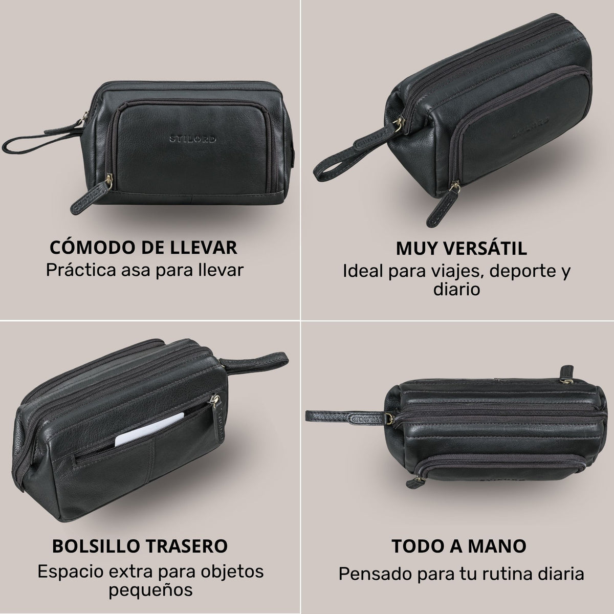 Neceser Henry de cuero negro, vistas lateral y superior con asa de mano, bolsillo trasero y grabado STILORD