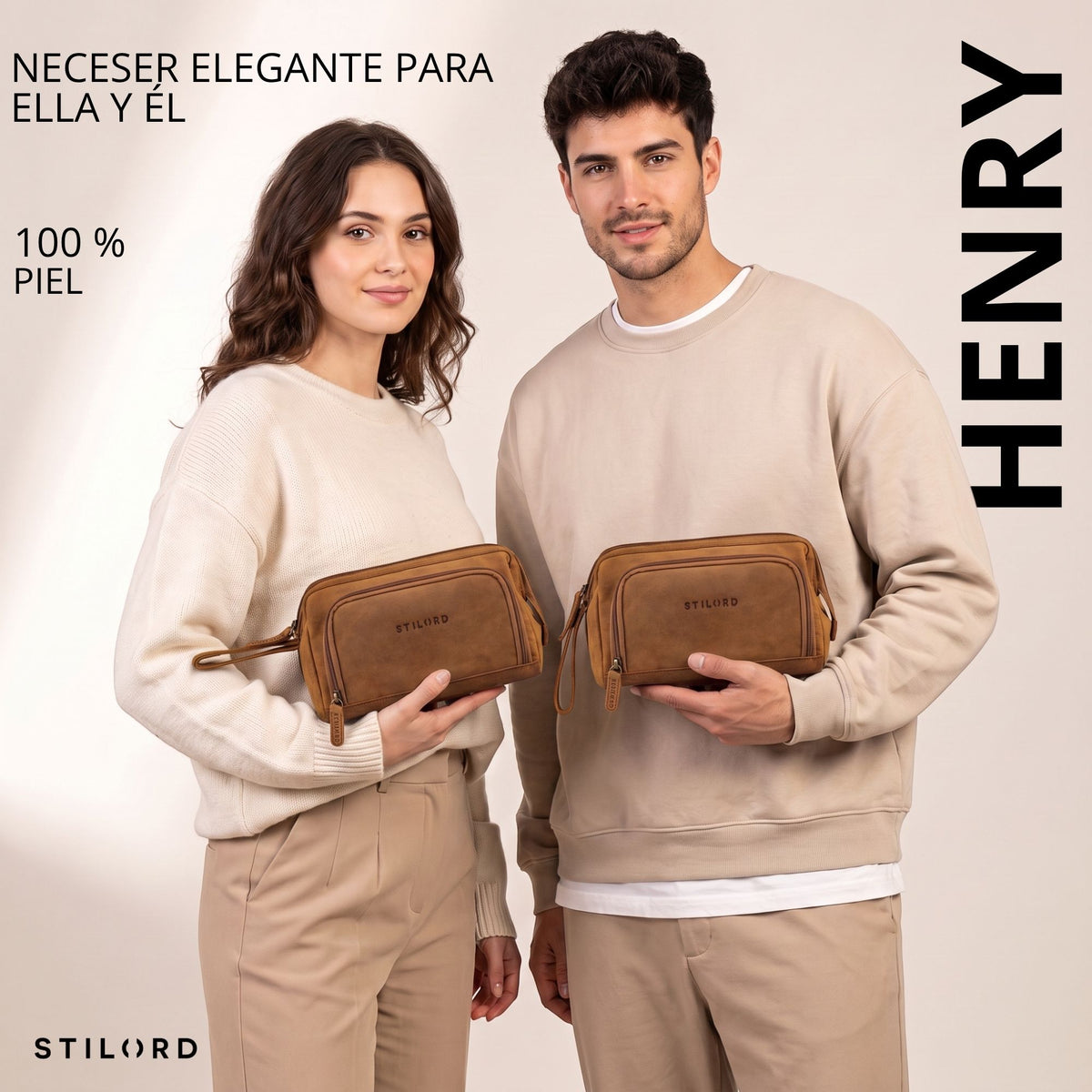 Neceser Henry de piel en tan/marrón oscuro, vista frontal, hombre y mujer sostienen cada uno un neceser, STILORD visible
