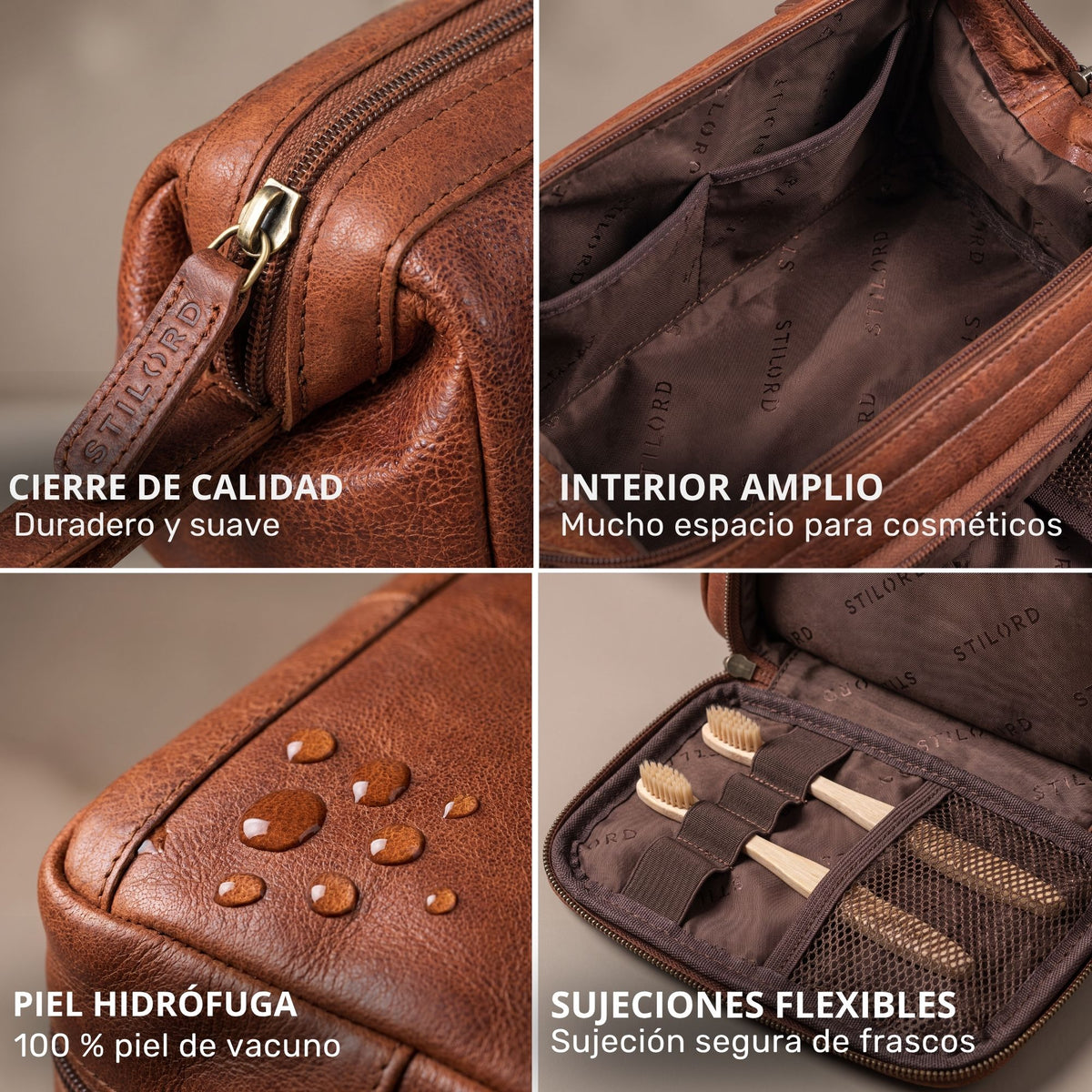 Neceser Henry en cuero marrón maraska, primer plano de la cremallera con estampado STILORD, interior con bolsillos, cuero hidrófugo y sujetadores elásticos