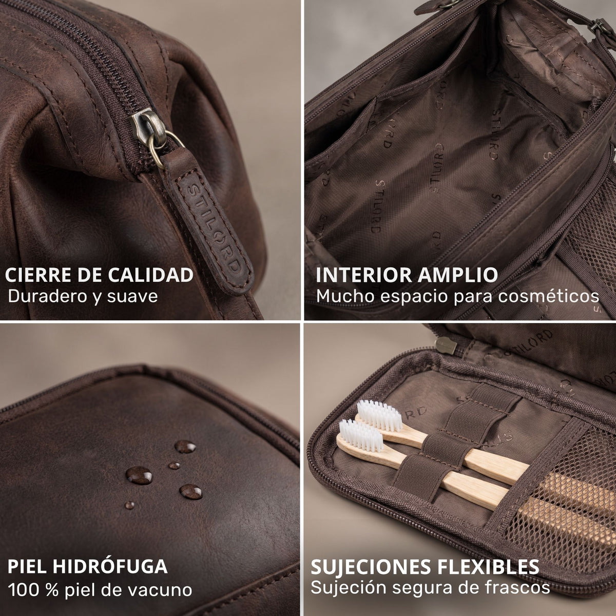 Neceser Henry en cuero zamora marrón, tirador con STILORD, interior amplio forrado, piel hidrófuga con gotas, sujeciones elásticas para cepillos