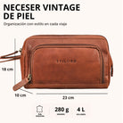 Neceser de piel color maraska, vista frontal con marca STILORD visible y medidas 23×18×10 cm