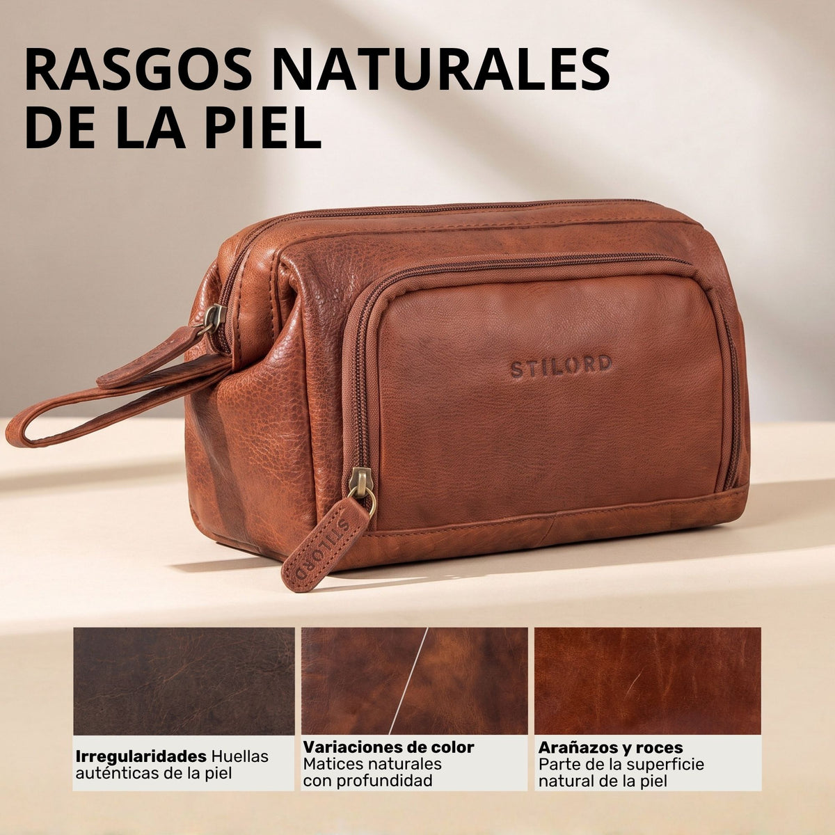 Neceser de piel color maraska marrón, vista frontal con la marca STILORD en relieve y bolsillo delantero con cremallera