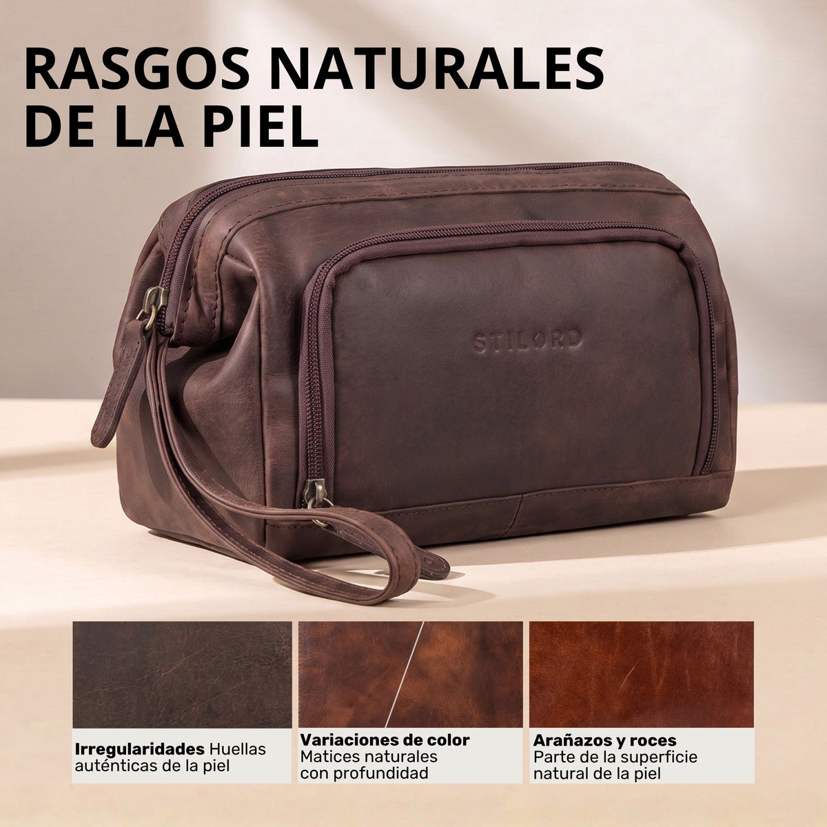 Neceser de piel zamora marrón, vista frontal en ángulo, logo STILORD grabado, bolsillo con cremallera y asa de mano